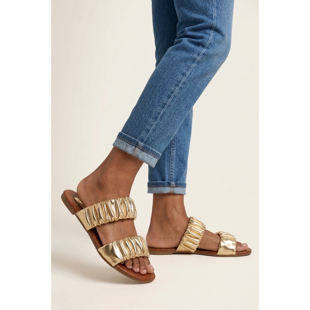 Qupid Gold Ruched Slip On Sandals | Metallic Scrunch Flat Slides - Picture 4 of 9